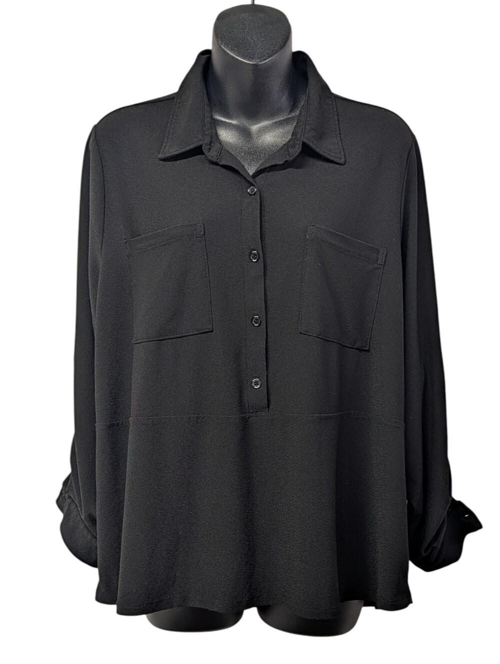 89th + Madison Women Black Button Up Shirt Size Large Roll Tab Sleeves Pockets